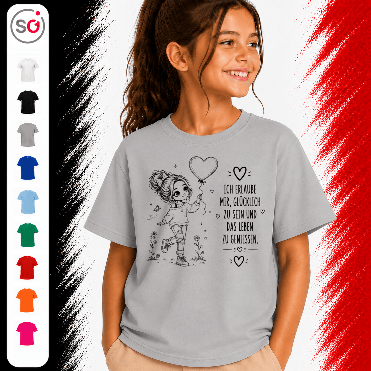 Kinder T-Shirt mit positivem Spruch | Glücklich sein & das Leben genießen | Mädchen mit Herzballon - StyleOne