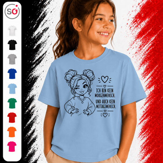Kinder T-Shirt mit Spruch „Kein Morgenmensch & kein Mittagsmensch“ und coolem Mädchen-Motiv - StyleOne