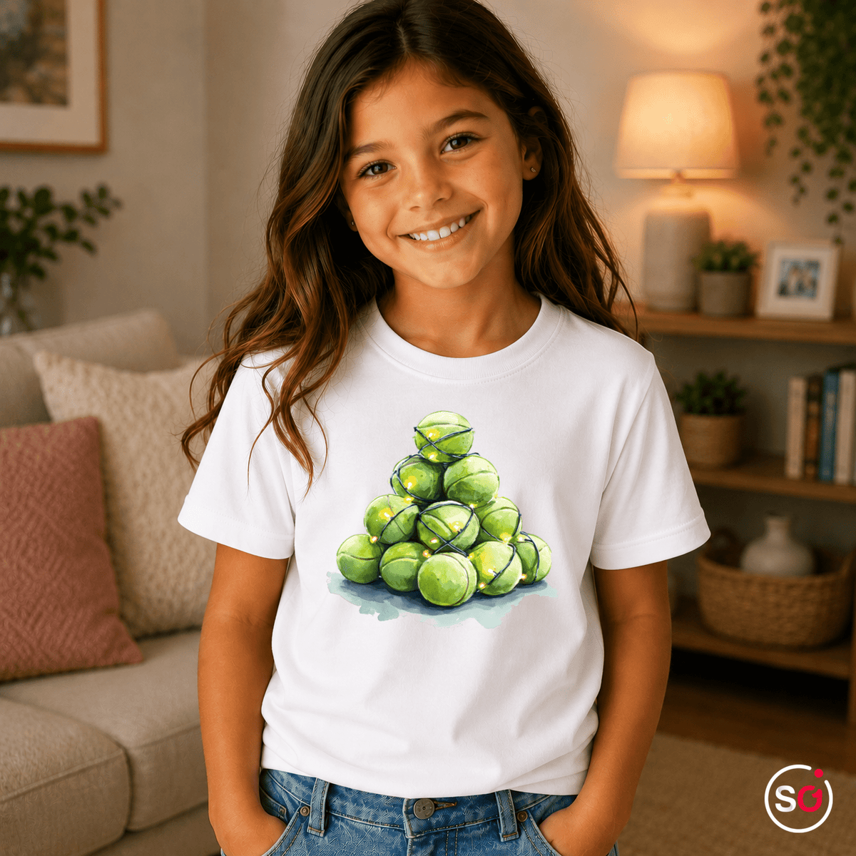 Kinder T-Shirt mit Tennisball-Weihnachtsbaum & Lichterkette - StyleOne