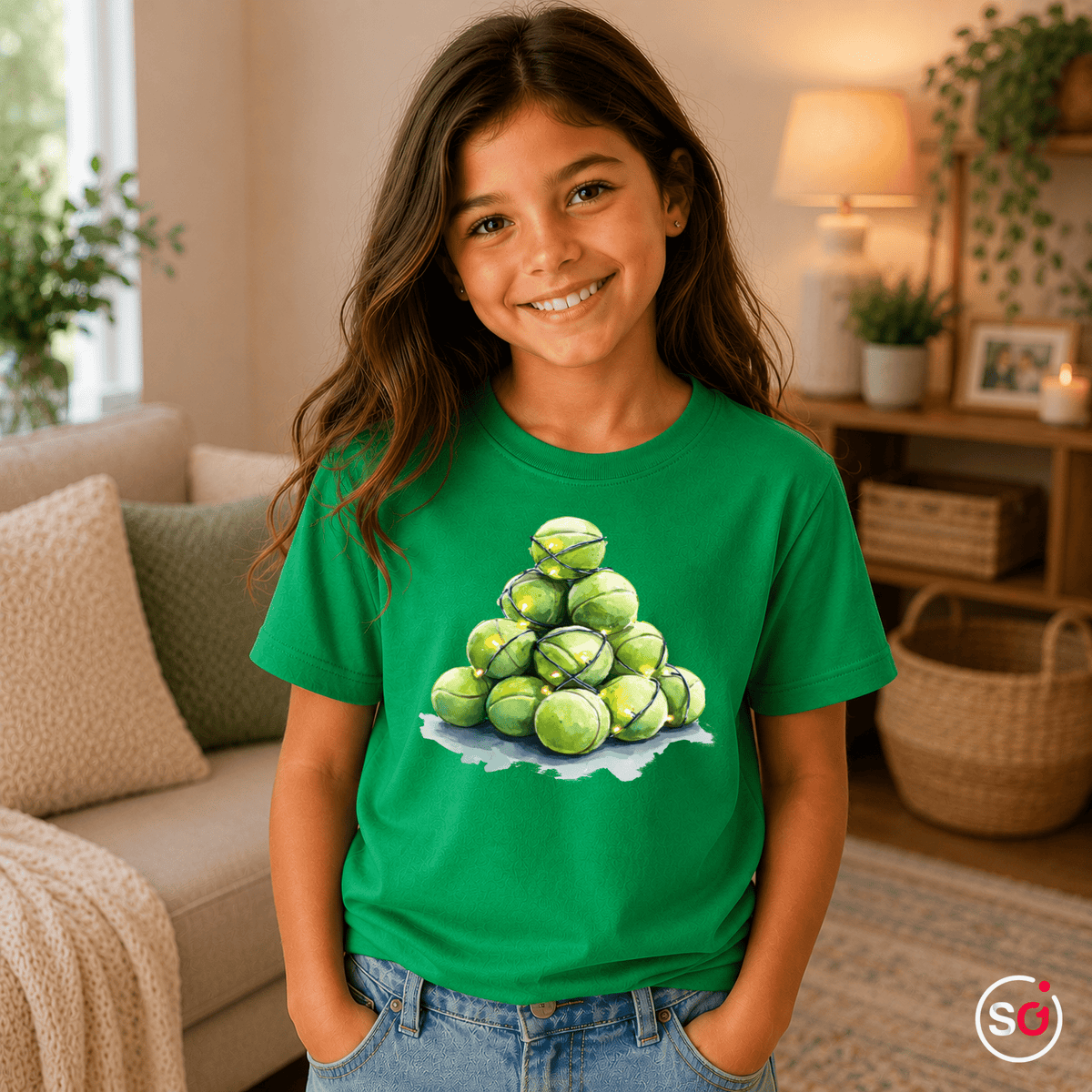Kinder T-Shirt mit Tennisball-Weihnachtsbaum & Lichterkette - StyleOne