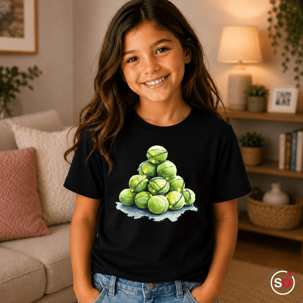 Kinder T-Shirt mit Tennisball-Weihnachtsbaum & Lichterkette - StyleOne