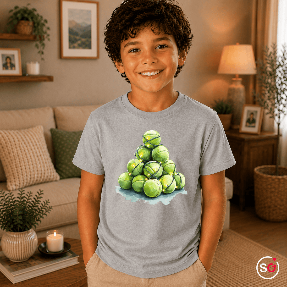 Kinder T-Shirt mit Tennisball-Weihnachtsbaum & Lichterkette - StyleOne