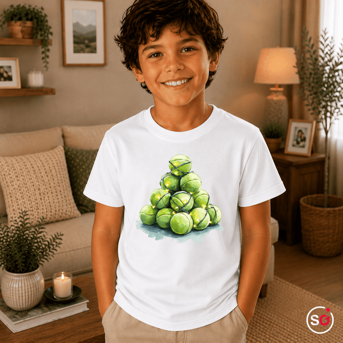 Kinder T-Shirt mit Tennisball-Weihnachtsbaum & Lichterkette - StyleOne