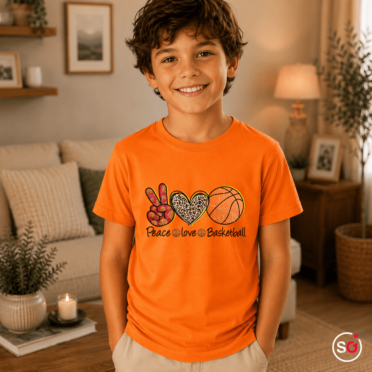 Kinder T-Shirt | Peace Love Basketball | Design mit Leoparden-Herz & Peace-Zeichen - StyleOne