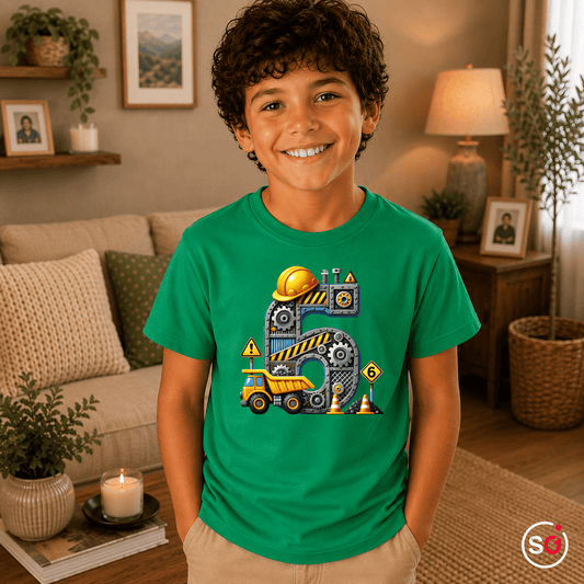 Kinder T-Shirt zum 5. Geburtstag mit coolem Baustellen-Motiv, Bagger und großer Zahl Fünf - StyleOne