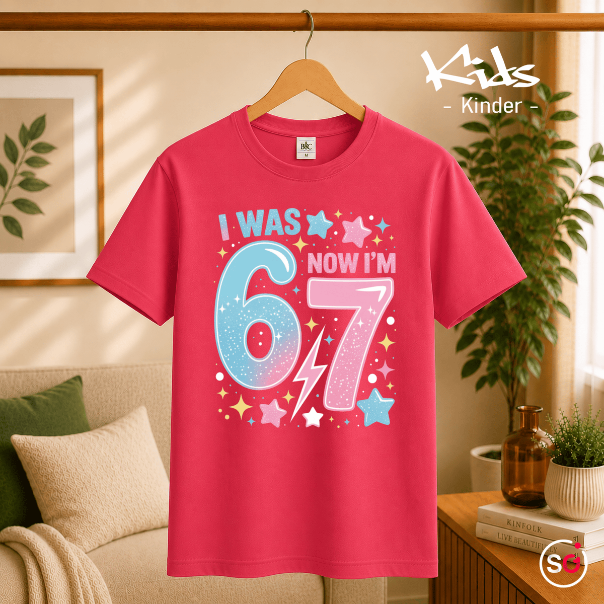Kinder T-Shirt zum 7. Geburtstag | I Was 6 Now I'm 7 | Design mit Sternen & Blitz - StyleOne