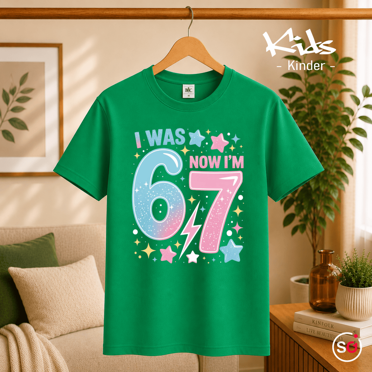 Kinder T-Shirt zum 7. Geburtstag | I Was 6 Now I'm 7 | Design mit Sternen & Blitz - StyleOne