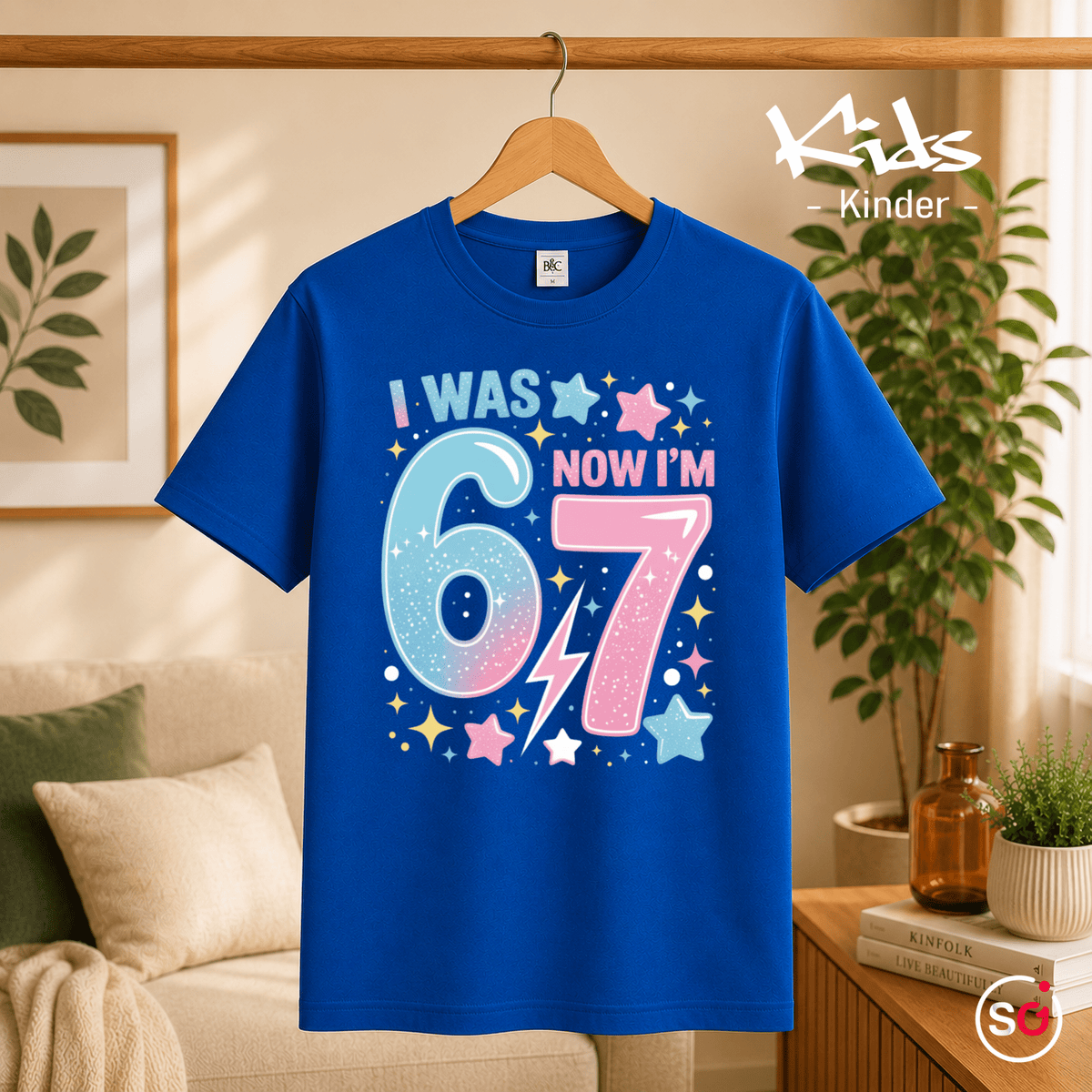 Kinder T-Shirt zum 7. Geburtstag | I Was 6 Now I'm 7 | Design mit Sternen & Blitz - StyleOne