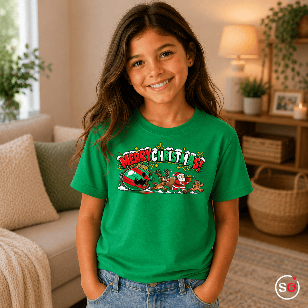 Kinder Weihnachts-T-Shirt 'Merry Christmas' mit Weihnachtsmann, Rentier & Lebkuchenmann - StyleOne
