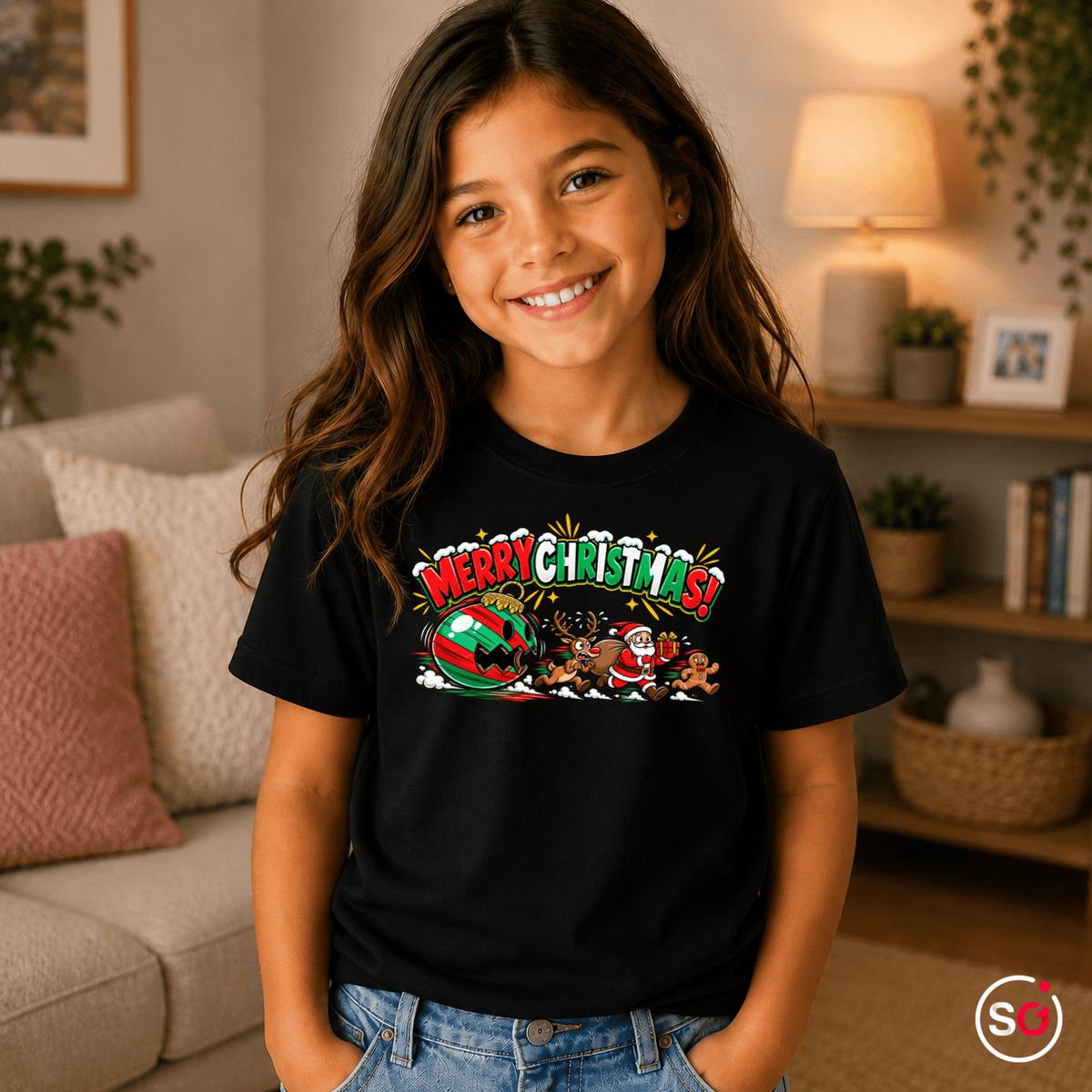 Kinder Weihnachts-T-Shirt 'Merry Christmas' mit Weihnachtsmann, Rentier & Lebkuchenmann - StyleOne