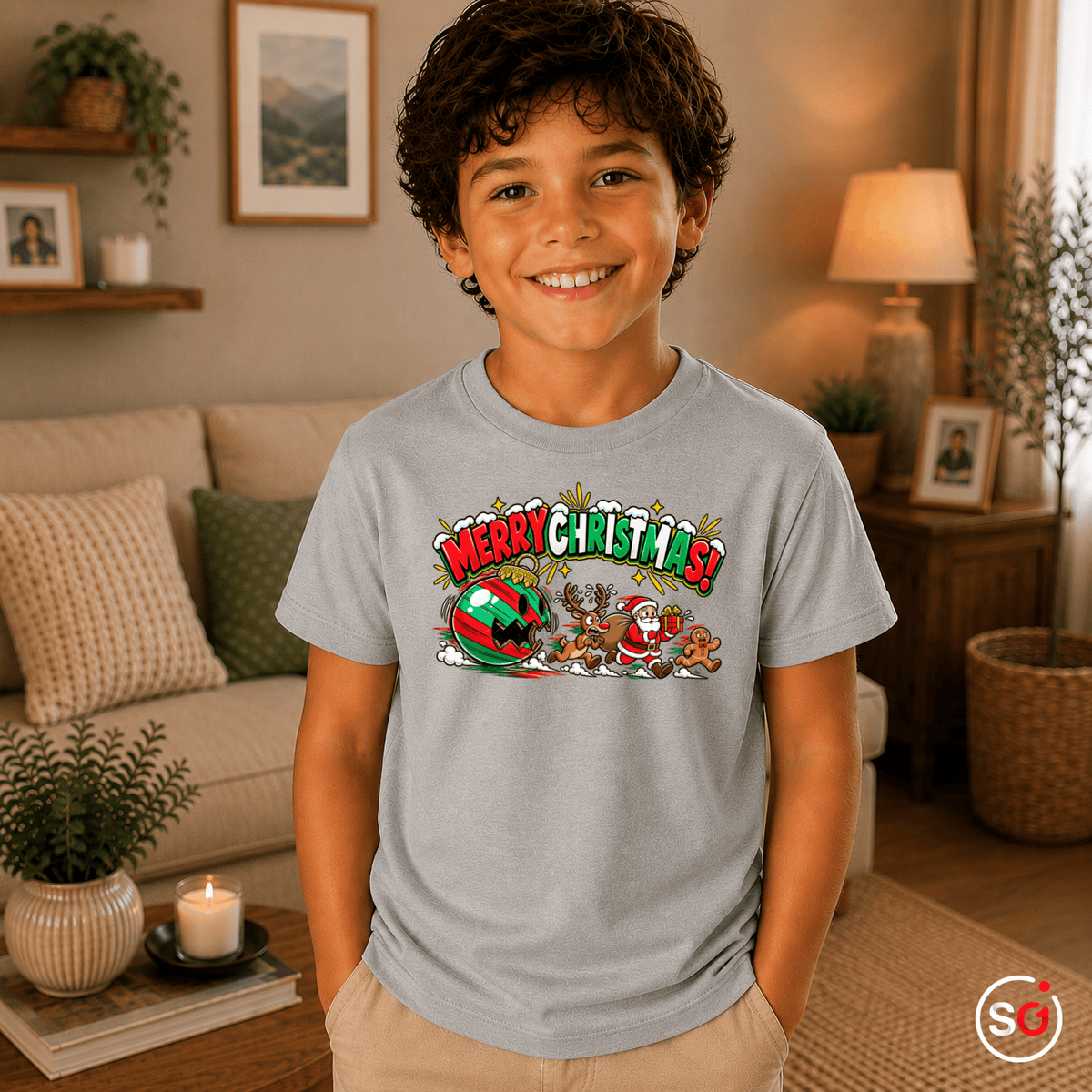 Kinder Weihnachts-T-Shirt 'Merry Christmas' mit Weihnachtsmann, Rentier & Lebkuchenmann - StyleOne