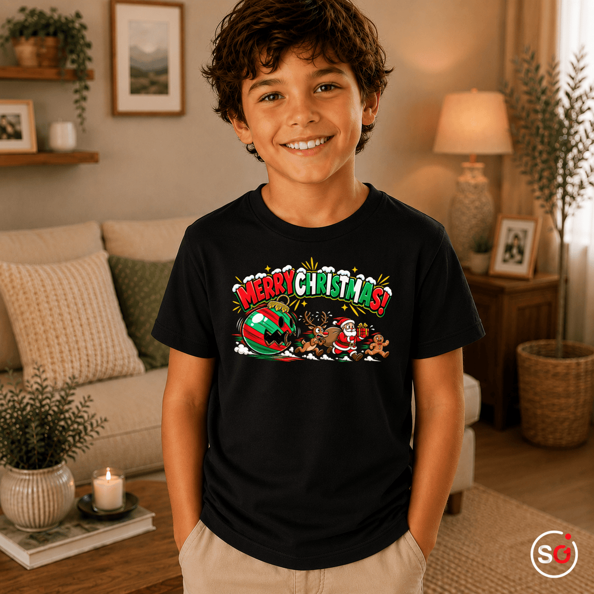 Kinder Weihnachts-T-Shirt 'Merry Christmas' mit Weihnachtsmann, Rentier & Lebkuchenmann - StyleOne