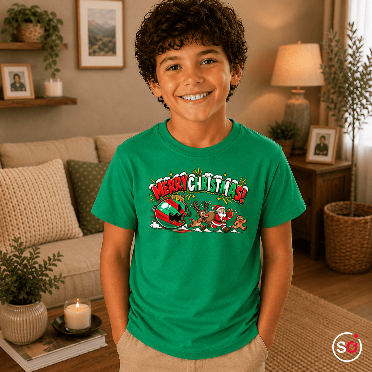 Kinder Weihnachts-T-Shirt 'Merry Christmas' mit Weihnachtsmann, Rentier & Lebkuchenmann - StyleOne