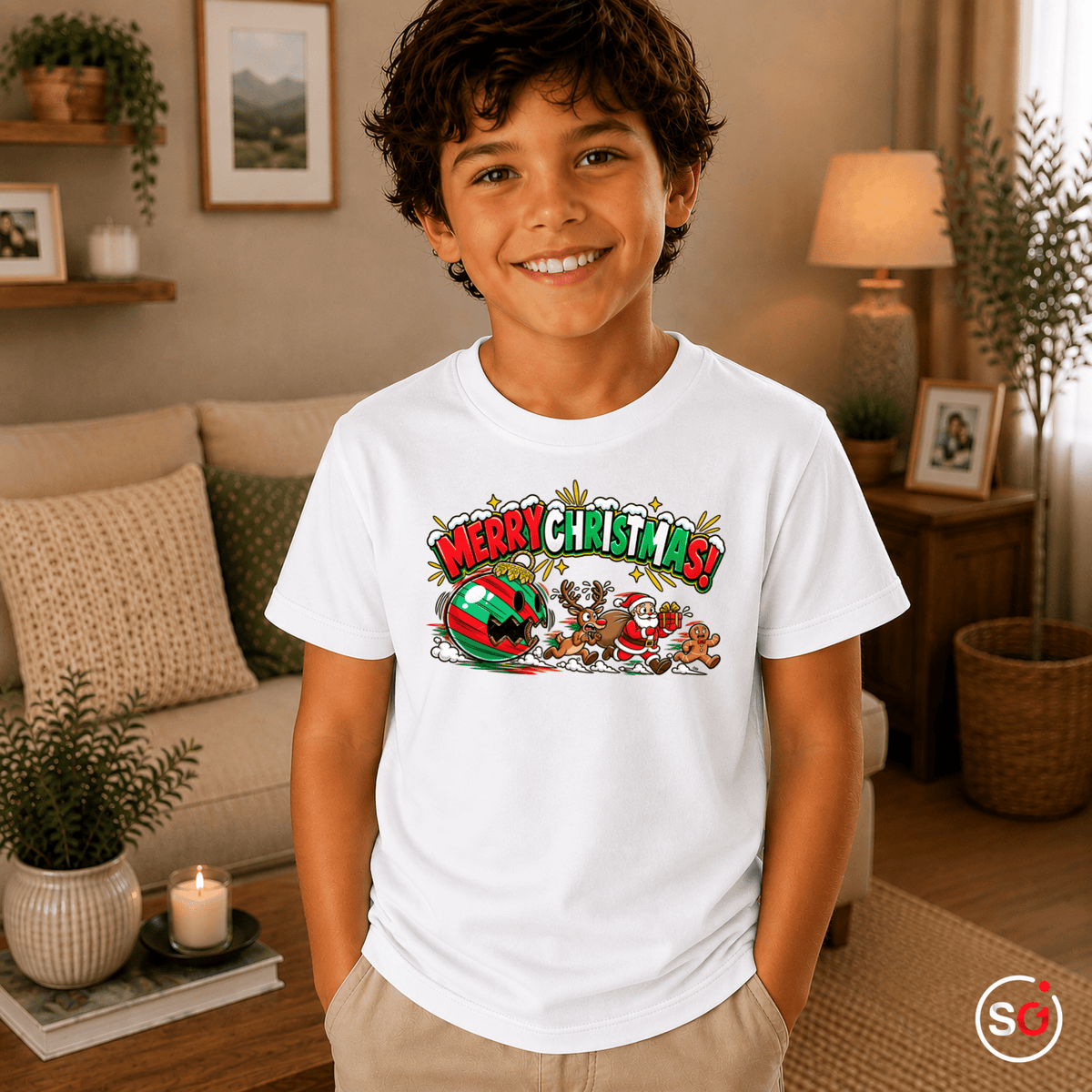 Kinder Weihnachts-T-Shirt 'Merry Christmas' mit Weihnachtsmann, Rentier & Lebkuchenmann - StyleOne
