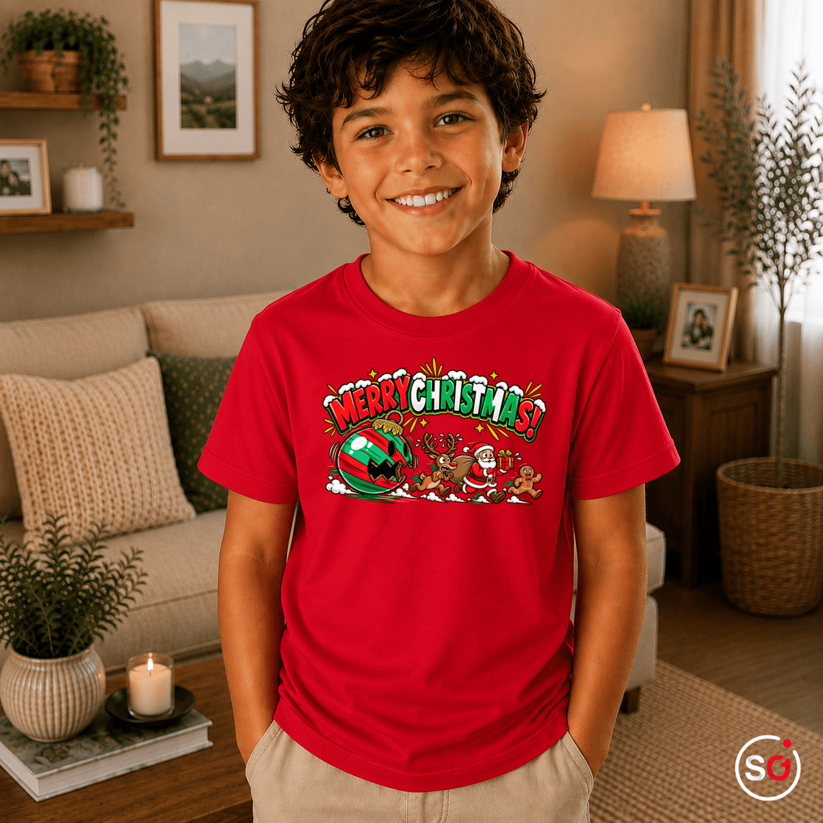 Kinder Weihnachts-T-Shirt 'Merry Christmas' mit Weihnachtsmann, Rentier & Lebkuchenmann - StyleOne