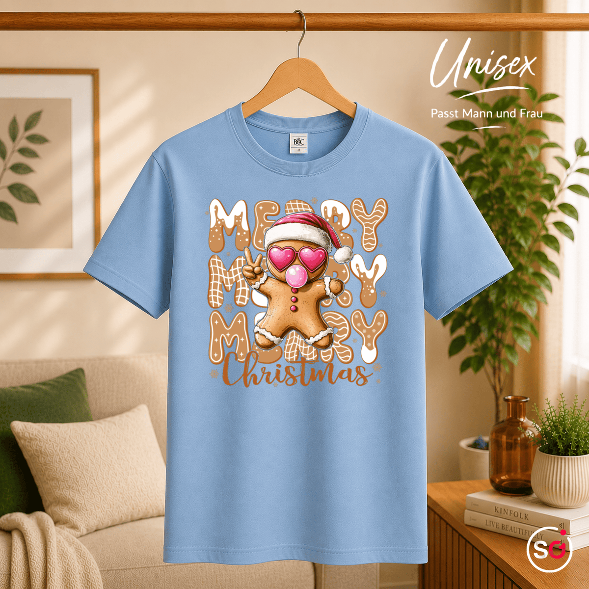 Lebkuchenmann T-Shirt mit Herz-Brille & Peace-Zeichen | Merry Christmas Design - StyleOne