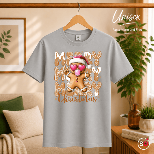 Lebkuchenmann T-Shirt mit Herz-Brille & Peace-Zeichen | Merry Christmas Design - StyleOne