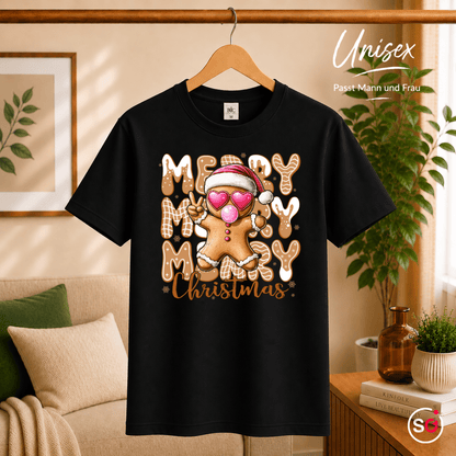 Lebkuchenmann T-Shirt mit Herz-Brille & Peace-Zeichen | Merry Christmas Design - StyleOne