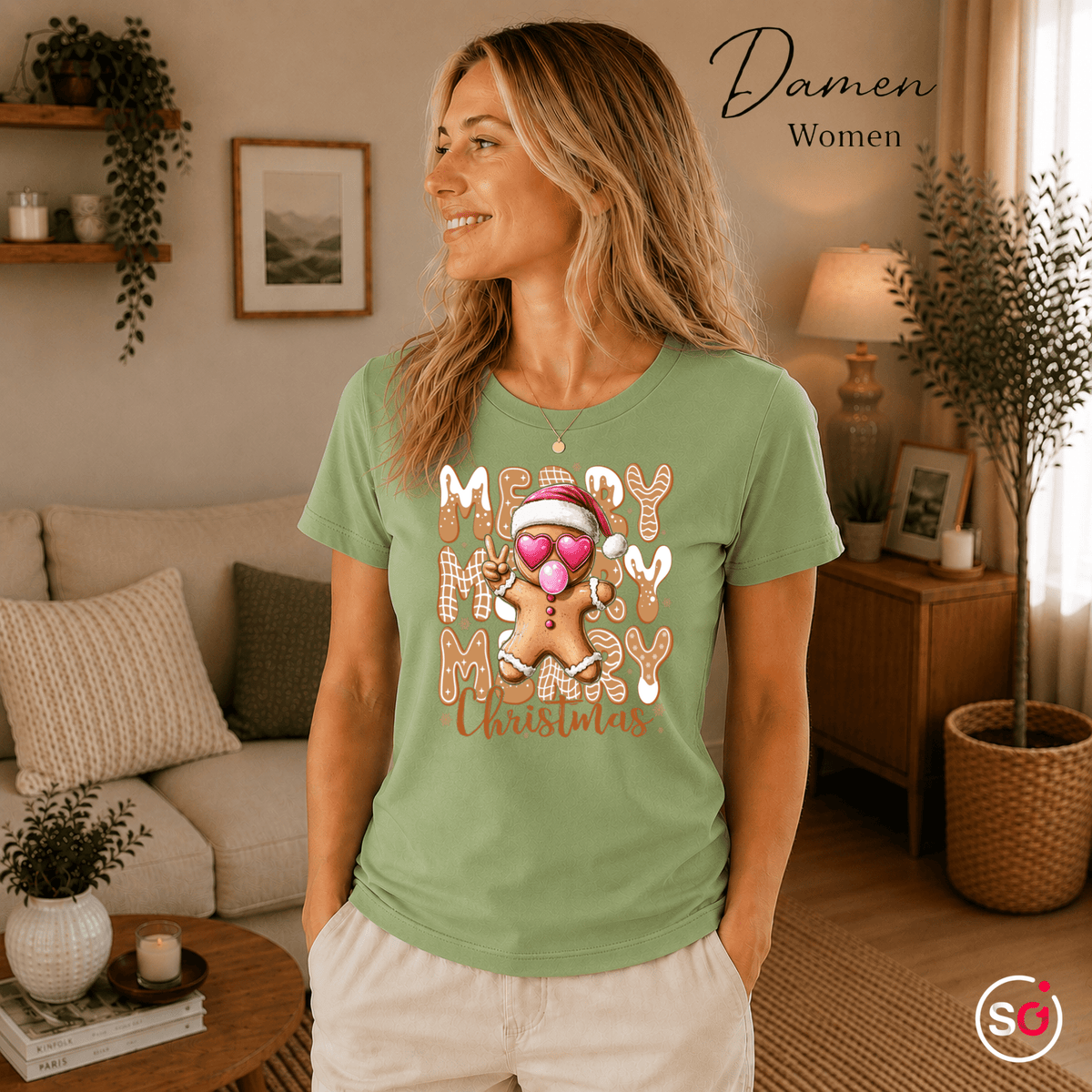 Lebkuchenmann T-Shirt mit Herz-Brille & Peace-Zeichen | Merry Christmas Design - StyleOne