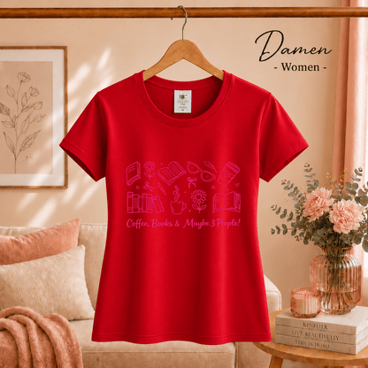Lese-Liebe T-Shirt: 'Coffee, Books & Maybe 3 People!' Motiv in Pink - StyleOne