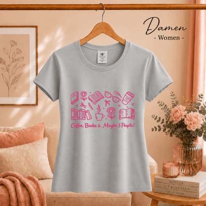 Lese-Liebe T-Shirt: 'Coffee, Books & Maybe 3 People!' Motiv in Pink - StyleOne