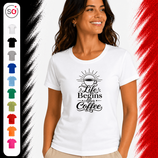 Life Begins After Coffee T-Shirt | Design mit Kaffeetasse und typografischem Spruch - StyleOne