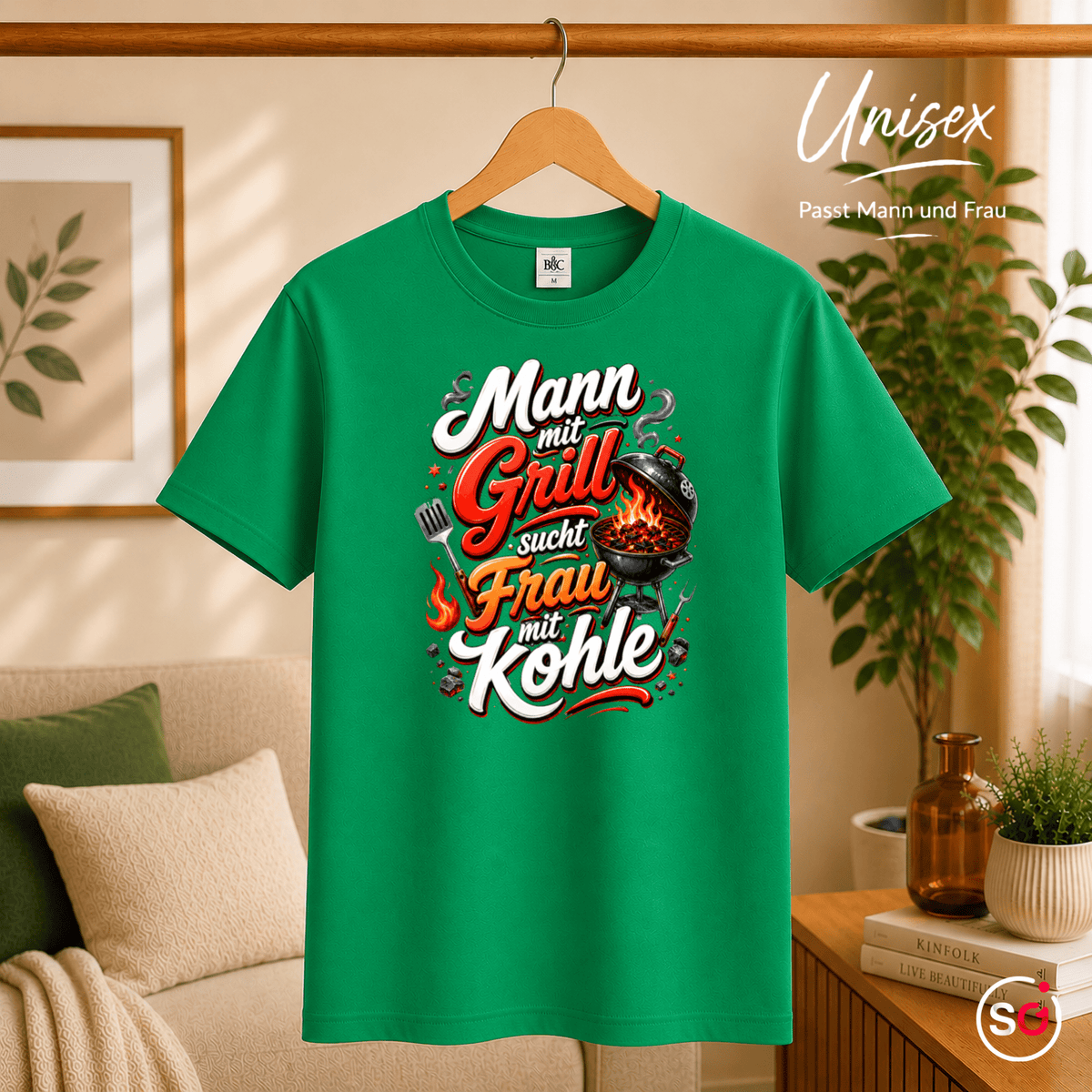 Lustiges Grill T-Shirt: Mann mit Grill sucht Frau mit Kohle – Witziges BBQ Design - StyleOne