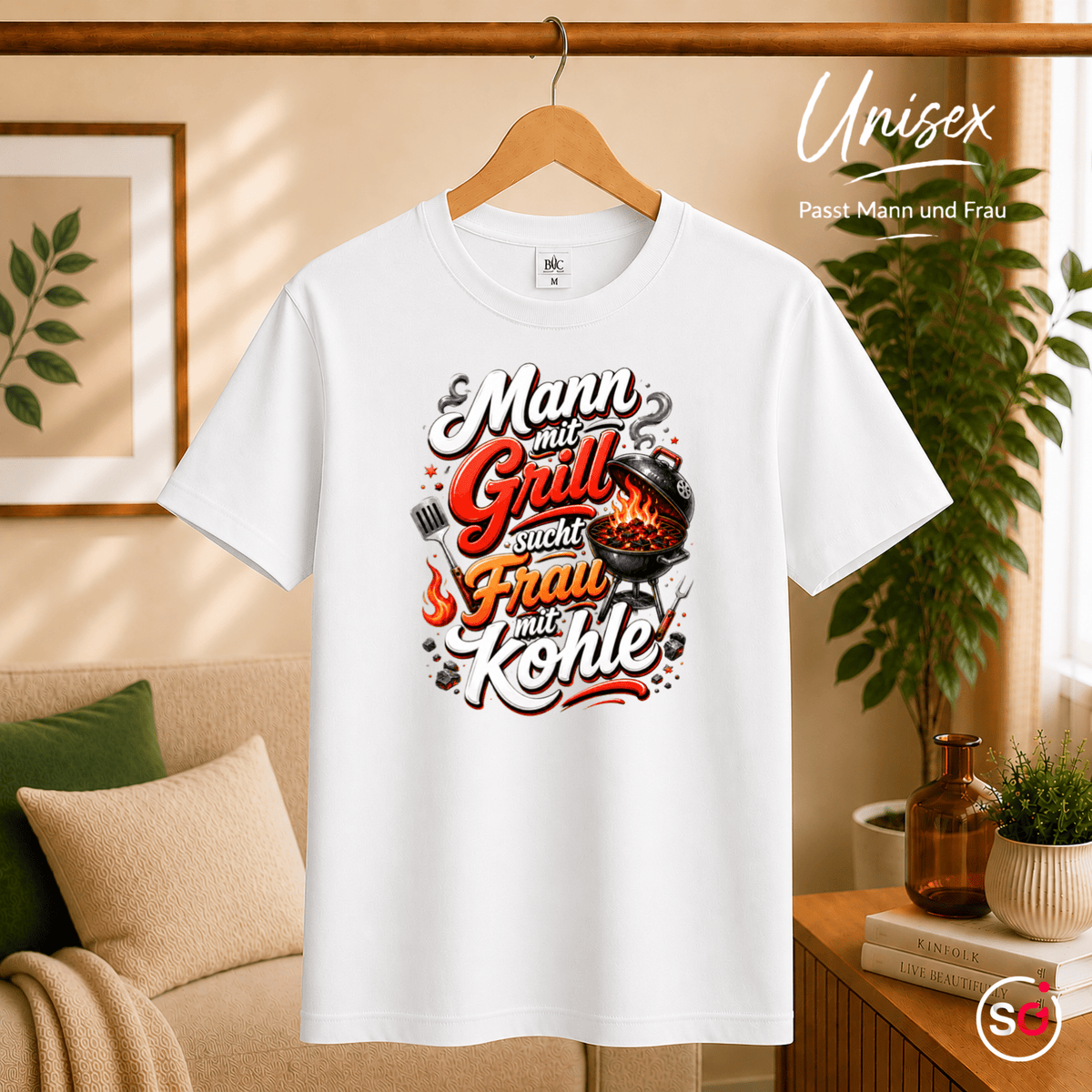 Lustiges Grill T-Shirt: Mann mit Grill sucht Frau mit Kohle – Witziges BBQ Design - StyleOne