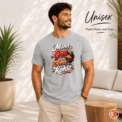 Lustiges Grill T-Shirt: Mann mit Grill sucht Frau mit Kohle – Witziges BBQ Design - StyleOne