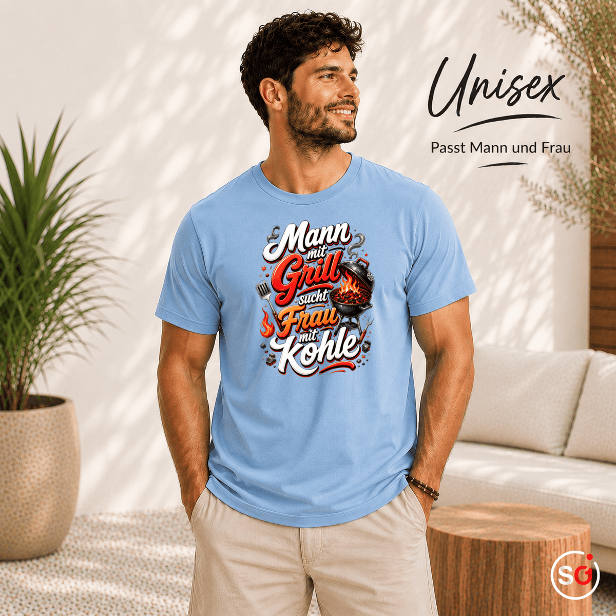 Lustiges Grill T-Shirt: Mann mit Grill sucht Frau mit Kohle – Witziges BBQ Design - StyleOne