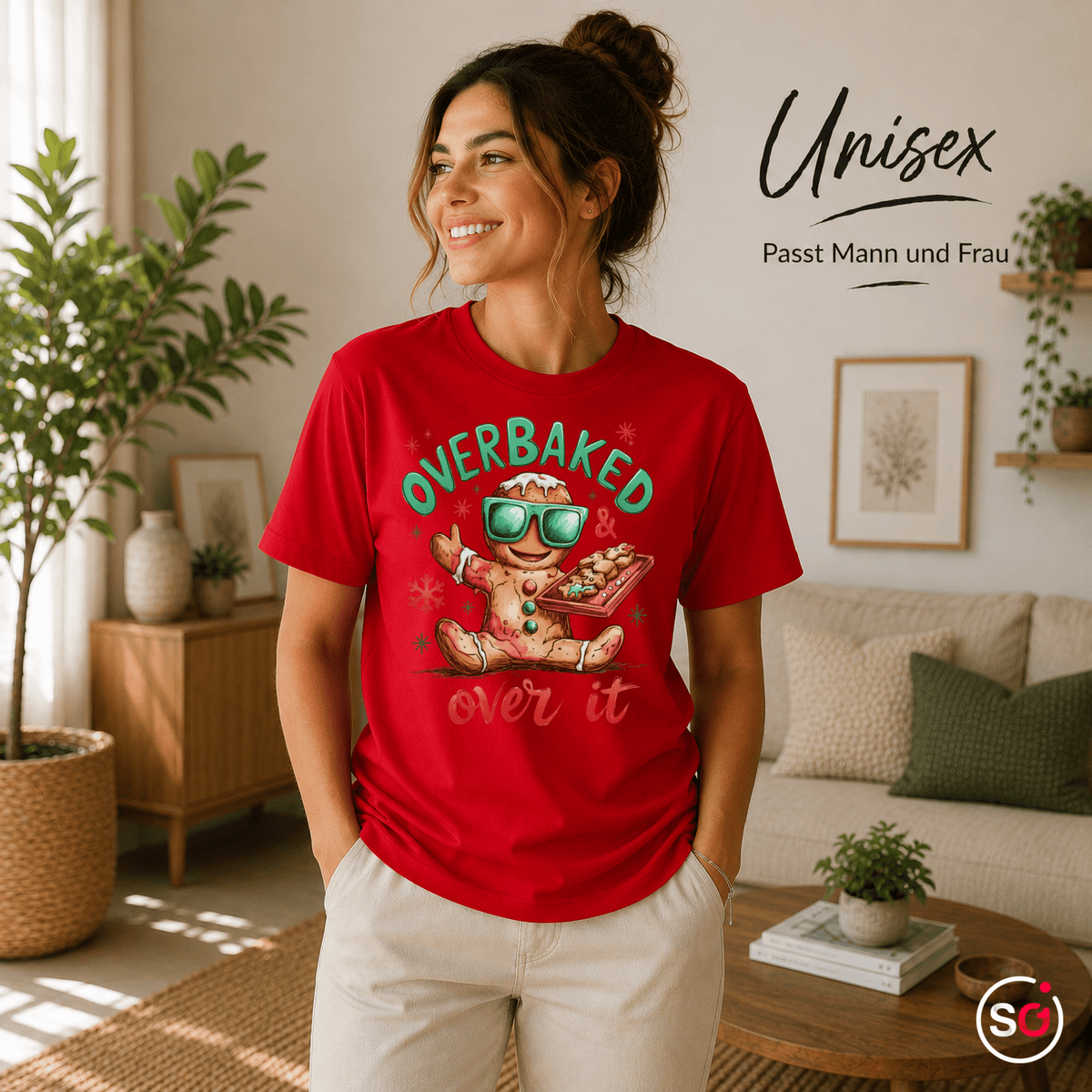 Lustiges Lebkuchenmann T-Shirt mit Spruch 'Overbaked & Over It' für Weihnachten - StyleOne