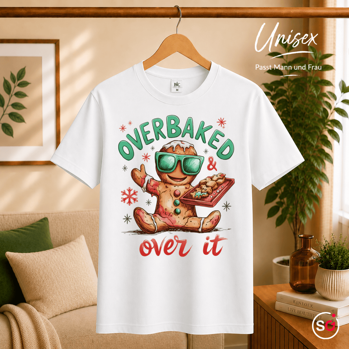 Lustiges Lebkuchenmann T-Shirt mit Spruch 'Overbaked & Over It' für Weihnachten - StyleOne