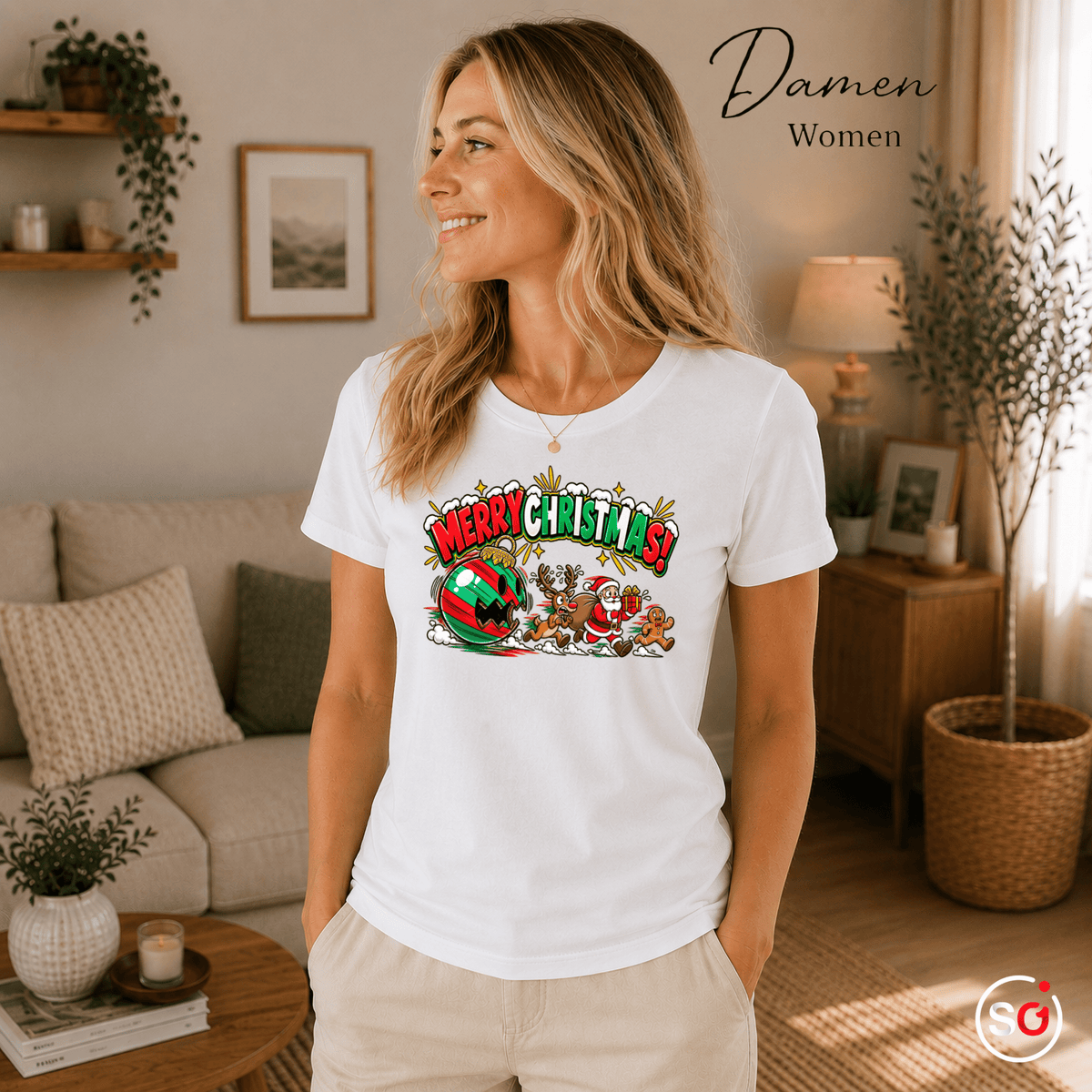 Lustiges T-Shirt „Merry Christmas“ mit Weihnachtsmann & Rentier auf der Flucht - StyleOne