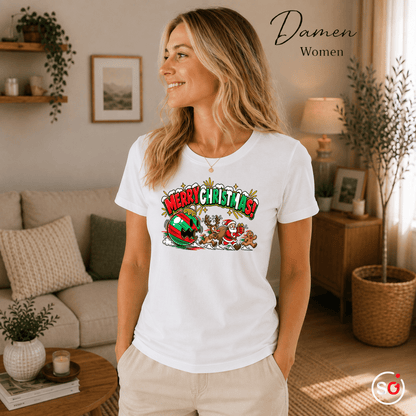 Lustiges T-Shirt „Merry Christmas“ mit Weihnachtsmann & Rentier auf der Flucht - StyleOne