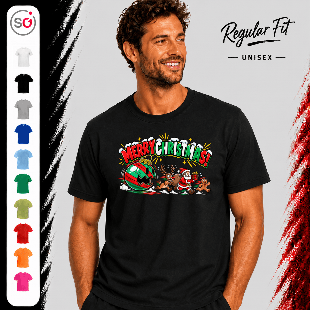 Lustiges T-Shirt „Merry Christmas“ mit Weihnachtsmann & Rentier auf der Flucht - StyleOne