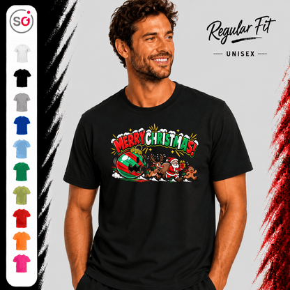 Lustiges T-Shirt „Merry Christmas“ mit Weihnachtsmann & Rentier auf der Flucht - StyleOne