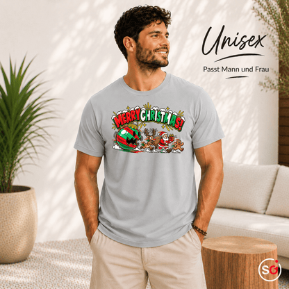 Lustiges T-Shirt „Merry Christmas“ mit Weihnachtsmann & Rentier auf der Flucht - StyleOne