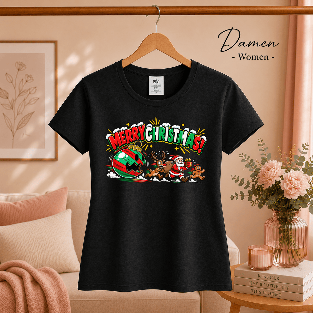 Lustiges T-Shirt „Merry Christmas“ mit Weihnachtsmann & Rentier auf der Flucht - StyleOne
