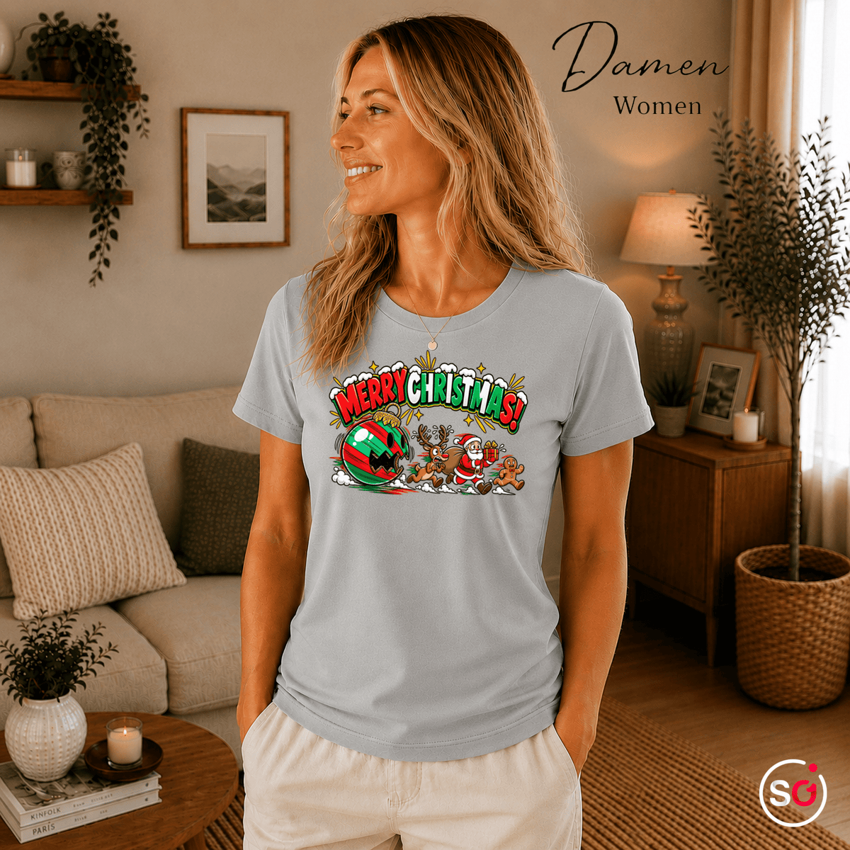 Lustiges T-Shirt „Merry Christmas“ mit Weihnachtsmann & Rentier auf der Flucht - StyleOne