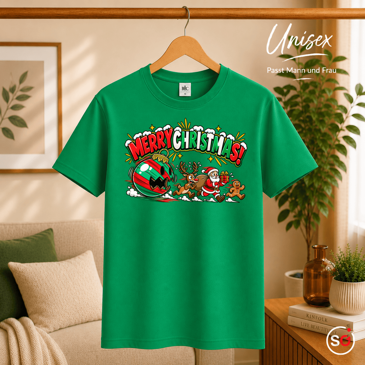 Lustiges T-Shirt „Merry Christmas“ mit Weihnachtsmann & Rentier auf der Flucht - StyleOne