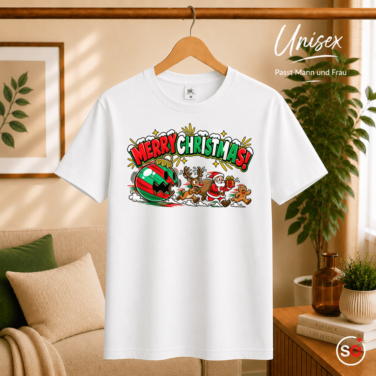 Lustiges T-Shirt „Merry Christmas“ mit Weihnachtsmann & Rentier auf der Flucht - StyleOne