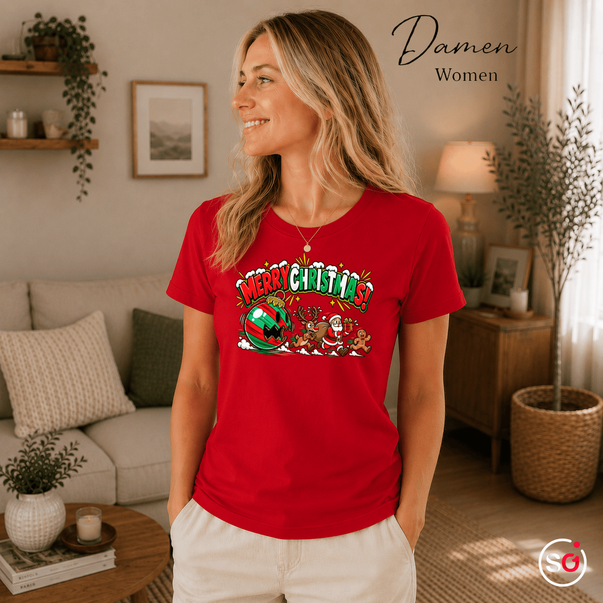 Lustiges T-Shirt „Merry Christmas“ mit Weihnachtsmann & Rentier auf der Flucht - StyleOne