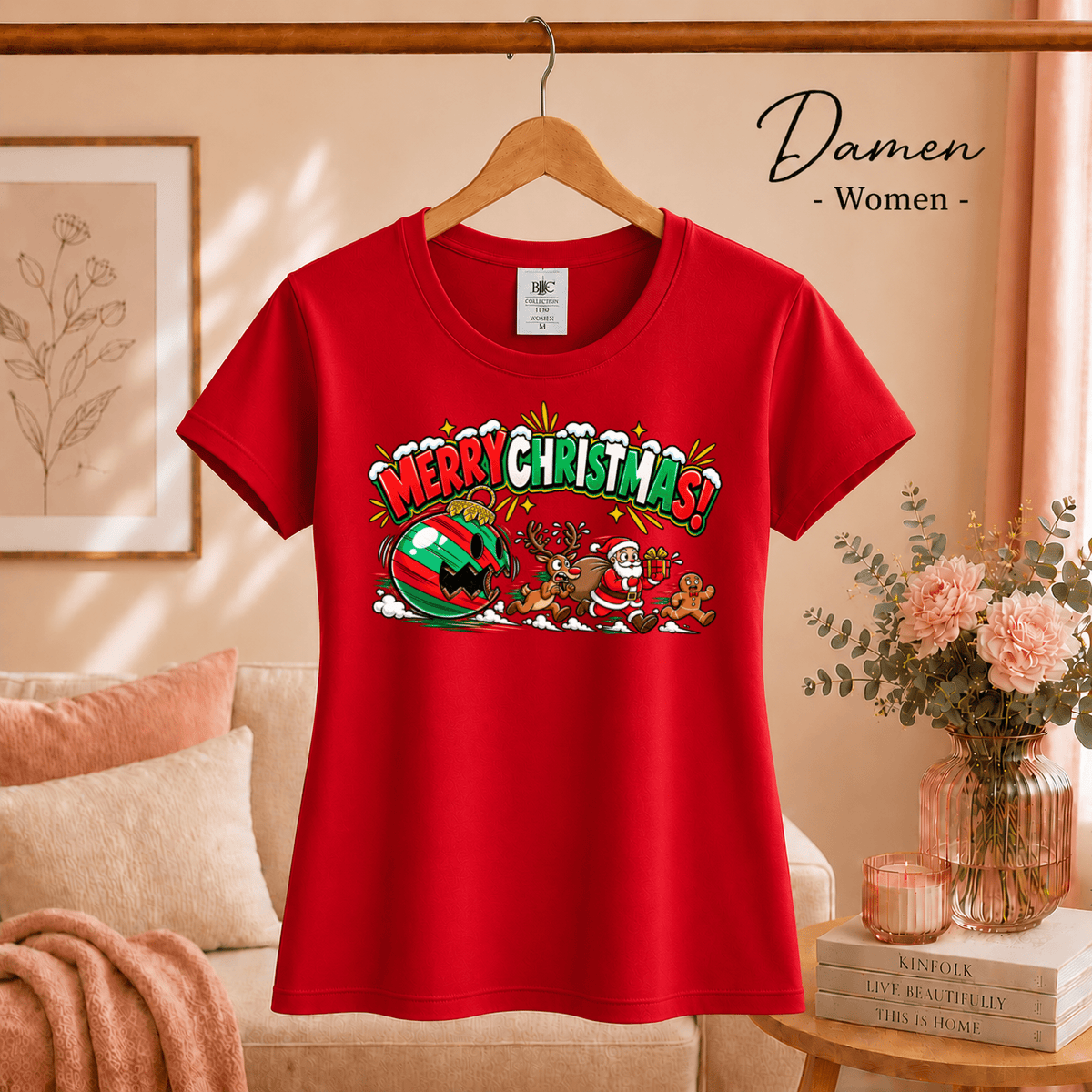 Lustiges T-Shirt „Merry Christmas“ mit Weihnachtsmann & Rentier auf der Flucht - StyleOne