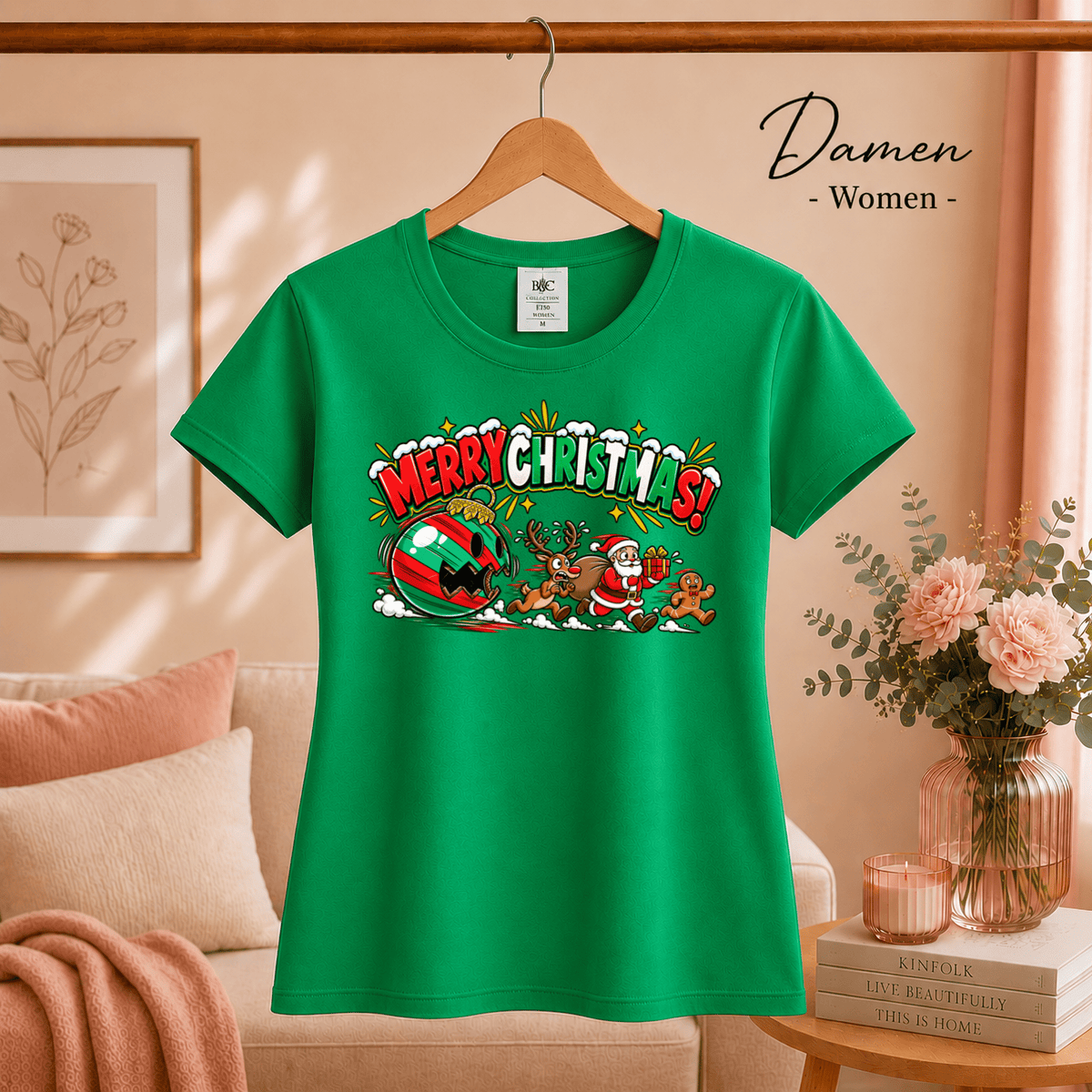 Lustiges T-Shirt „Merry Christmas“ mit Weihnachtsmann & Rentier auf der Flucht - StyleOne