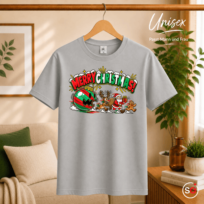Lustiges T-Shirt „Merry Christmas“ mit Weihnachtsmann & Rentier auf der Flucht - StyleOne