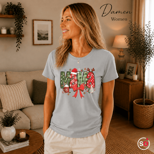 MAMA Weihnachts-T-Shirt | Festlicher Schriftzug mit Mustermix, Weihnachtsmütze & Schneeflocken - StyleOne