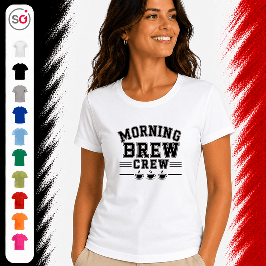 Morning Brew Crew T-Shirt | Kaffee-Statement-Design im College-Stil mit Tassen-Motiv - StyleOne
