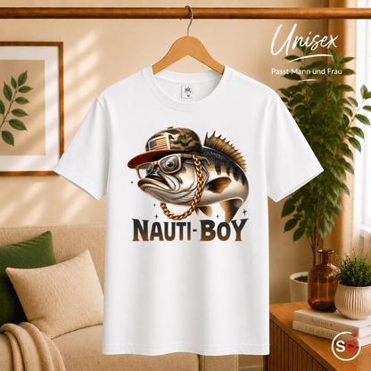 Nauti-Boy T-Shirt | Cooler Barsch mit Goldkette & Camo-Cap für Angler und Fisch-Fans - StyleOne