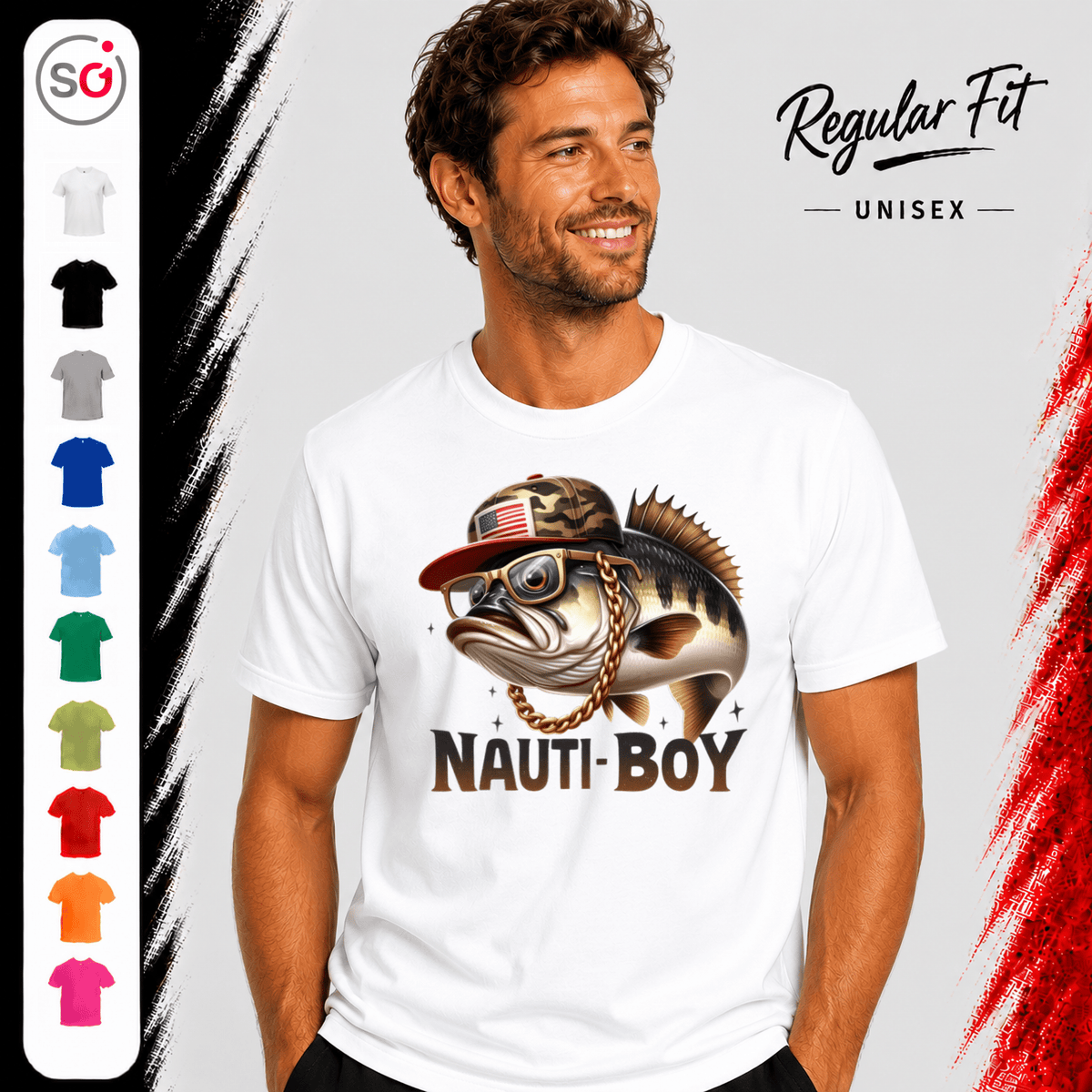 Nauti-Boy T-Shirt | Cooler Barsch mit Goldkette & Camo-Cap für Angler und Fisch-Fans - StyleOne