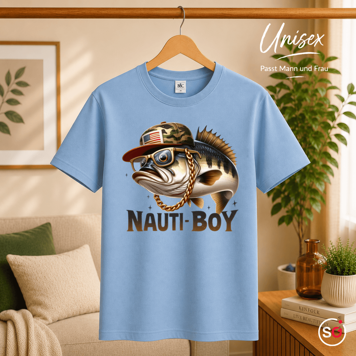 Nauti-Boy T-Shirt | Cooler Barsch mit Goldkette & Camo-Cap für Angler und Fisch-Fans - StyleOne